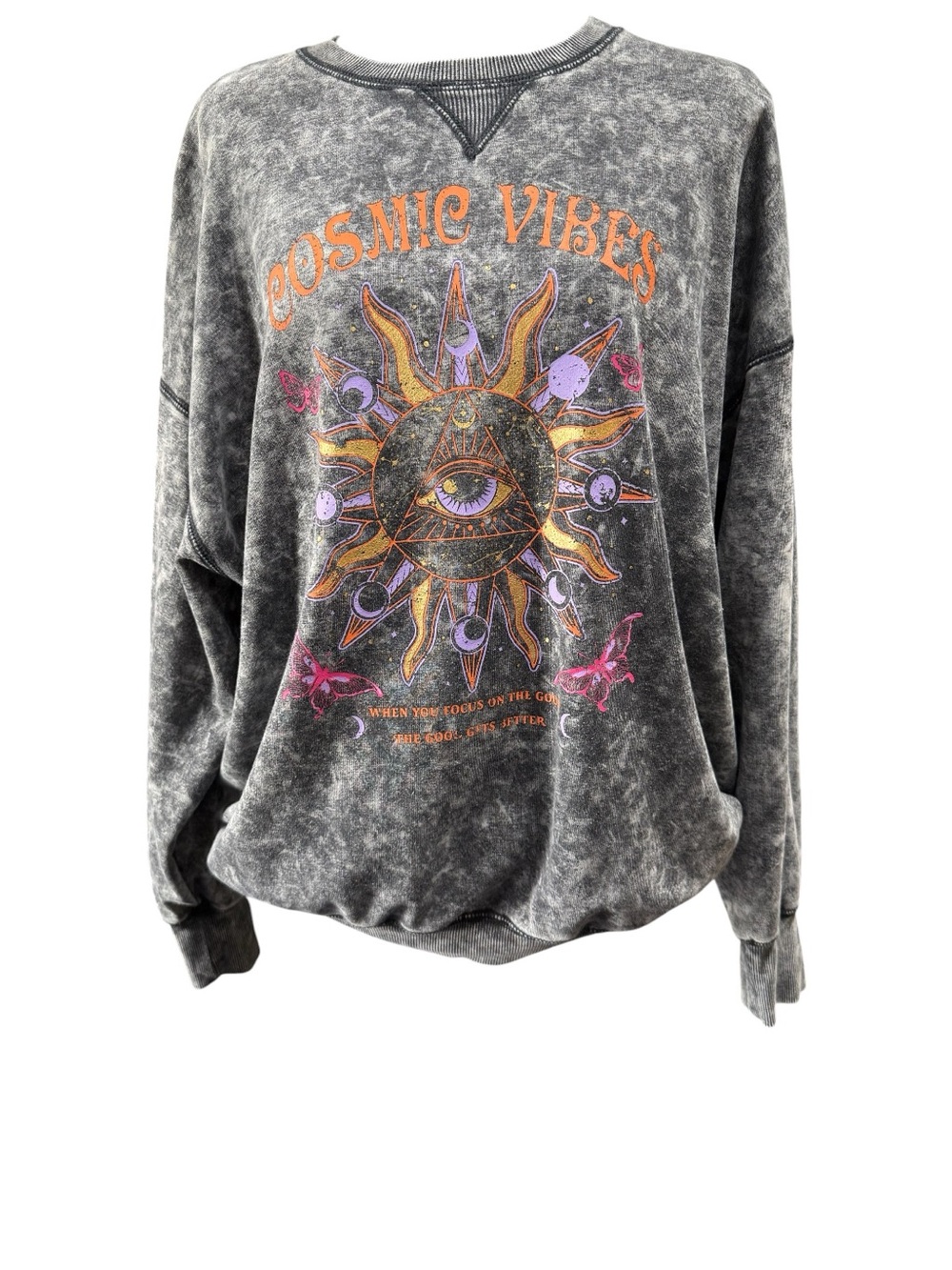 No Boundaries Cosmic Vibes Sweatshirt Womens L Celestial Acid Wash Graphic